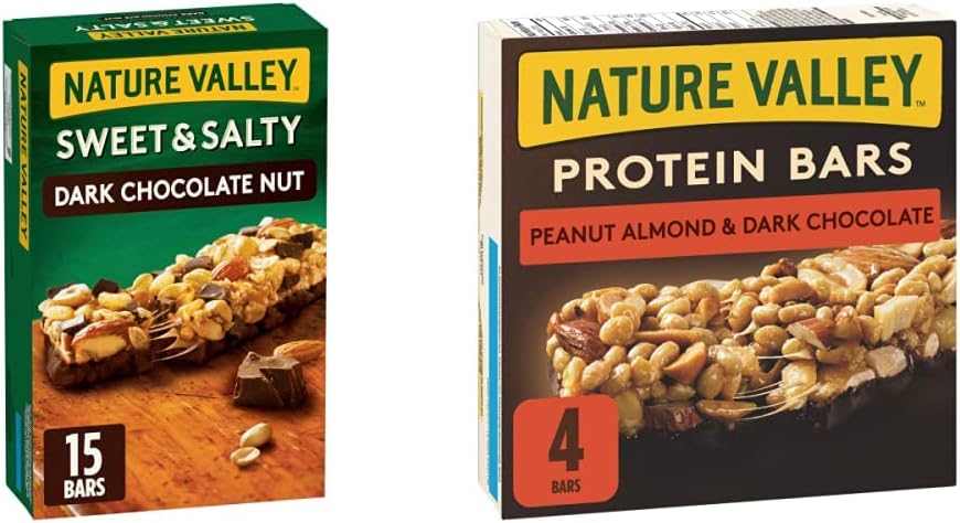 Nature Valley Sweet & Salty Dark Chocolate Nut Granola Bars, 15 Count & Protein Bars Peanut Almond & Dark Chocolate Flavour, 4-Count, 148 Gram