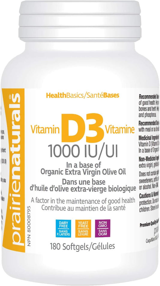 Prairie Naturals Vitamin D3 Cholecalciferol 1,000 IU in Organic Extra-Virgin Olive Oil Softgel - 180 Count