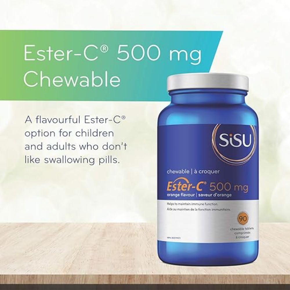 Sisu Ester-C 500毫克咀嚼片,橙味,天然甜味維生素C,24小時免疫支持,酸性較低,比其他形式的維生素C更易吸收和保留,無麩質,純素