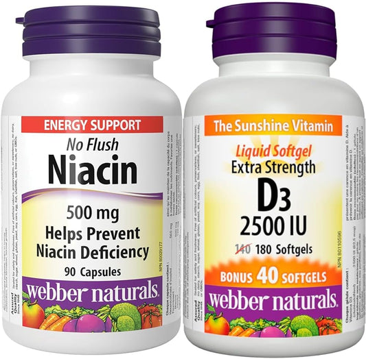 Webber Naturals 烟酸 500 毫克,90 粒胶囊,无需冲洗,维生素 B3 补充剂和维生素 D3 2500 IU 强效,180 粒软胶囊,有益于骨骼和牙齿健康