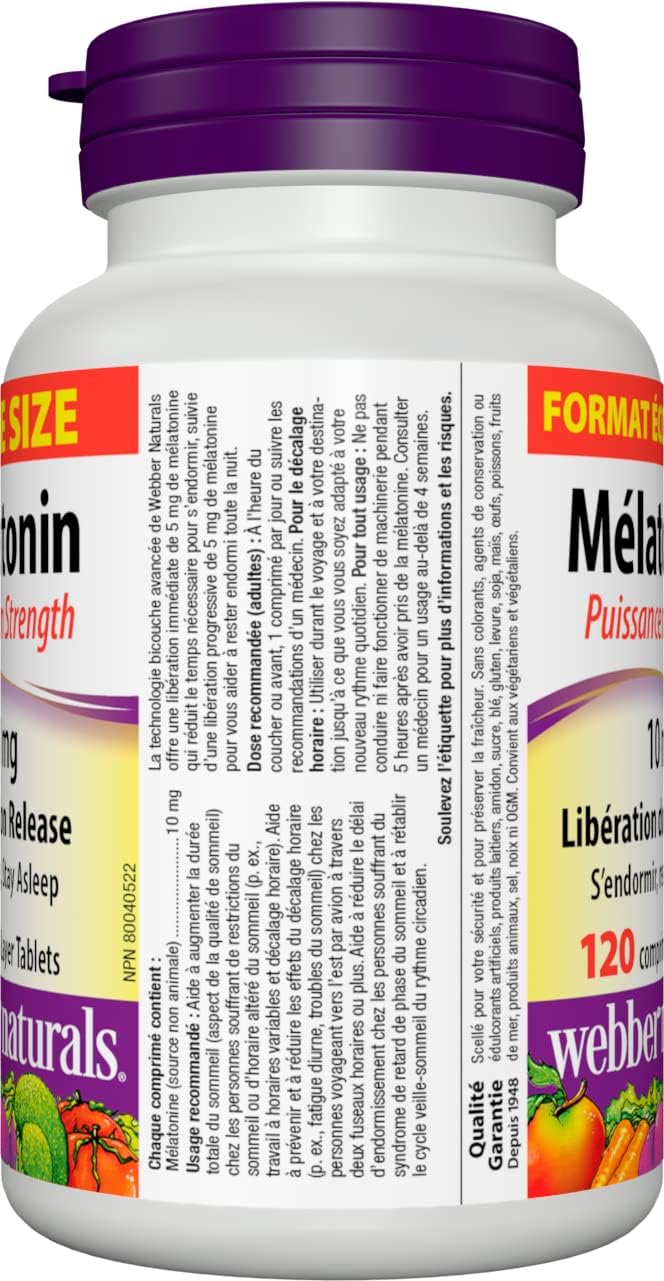 Webber Naturals Melatonin 10 mg Maximum Strength, 120 Dual Action Release Tablets, For Sleep Support, Vegan