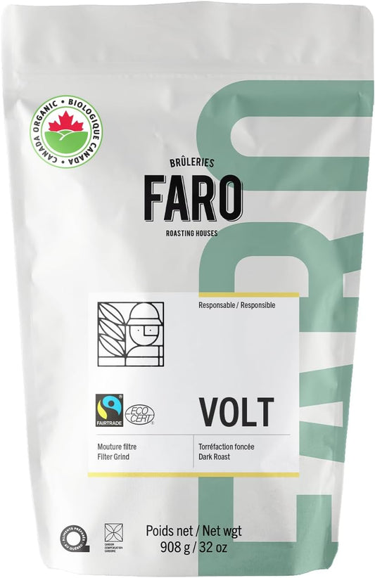 Café FARO VOLT 特色咖啡,深度烘焙研磨咖啡,浓郁醇厚的风味,美国农业部公平贸易和犹太洁食认证有机咖啡,产自南美和中美洲的研磨咖啡 - (908克/32盎司)