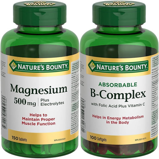 Nature's Bounty 镁 500 毫克加电解质,150 片装(包装可能有所不同)和 B 族复合物,含叶酸和维生素 C,有助于代谢碳水化合物,100 粒软胶囊