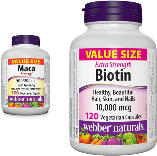 Webber Naturals 玛卡能量胶囊,含人参,150 粒素食胶囊,含 10,000 微克生物素,强效,120 粒胶囊,支持健康的头发、皮肤和指甲,促进能量代谢,素食