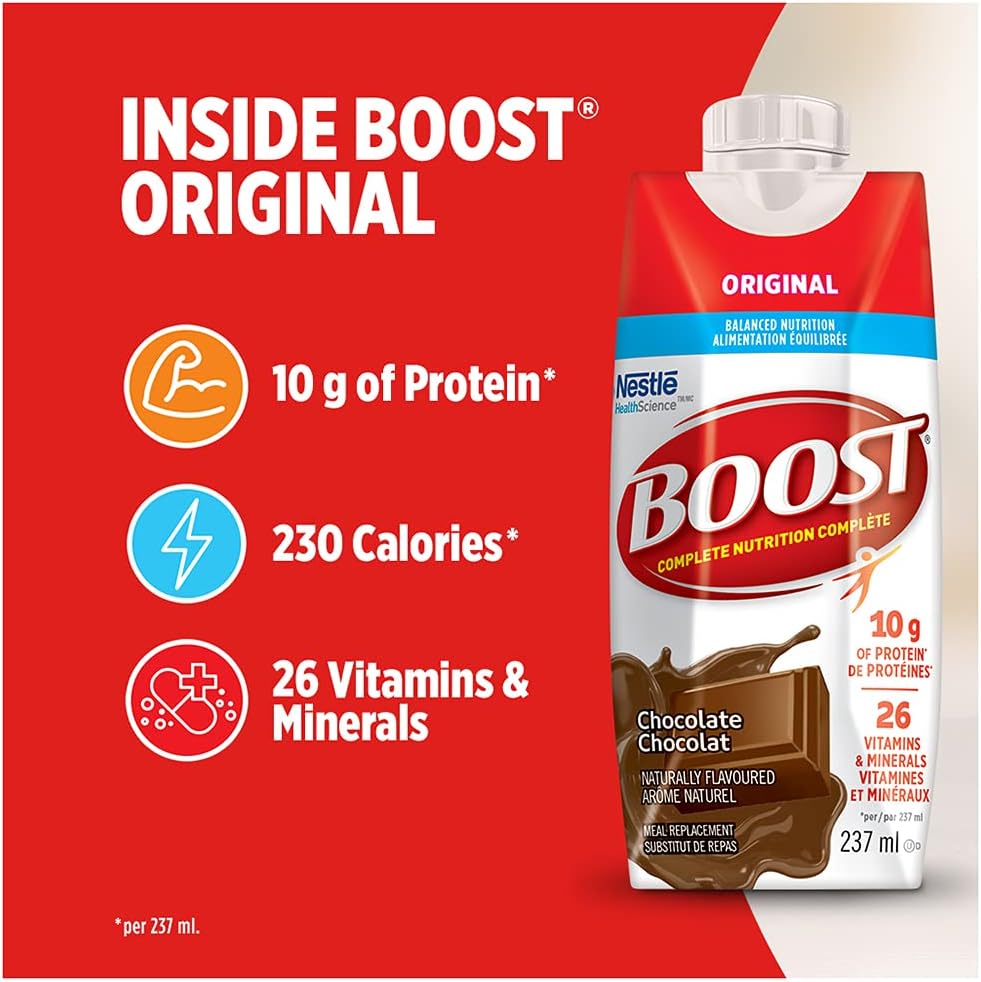 BOOST 原味代餐饮料,香草味,6x237 毫升,每箱 4 瓶,包装可能有所不同;PLUS 全营养饮料,巧克力味,6x237 毫升,每箱 4 瓶,包装可能有所不同