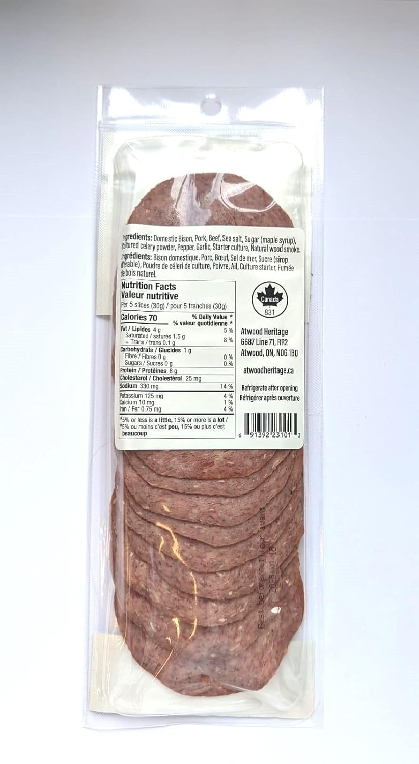 Atwood Heritage 野牛豬肉牛肉切片薩拉米香腸,125克,高蛋白,無麩質,無硝酸鹽,加拿大製造