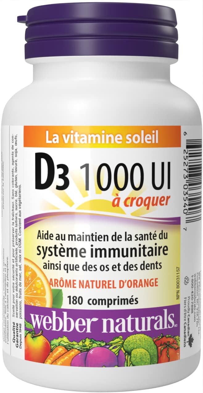 Webber Naturals 维生素 D3 1000 IU,180 片橙味咀嚼片,有助于骨骼和牙齿健康,维持身体健康
