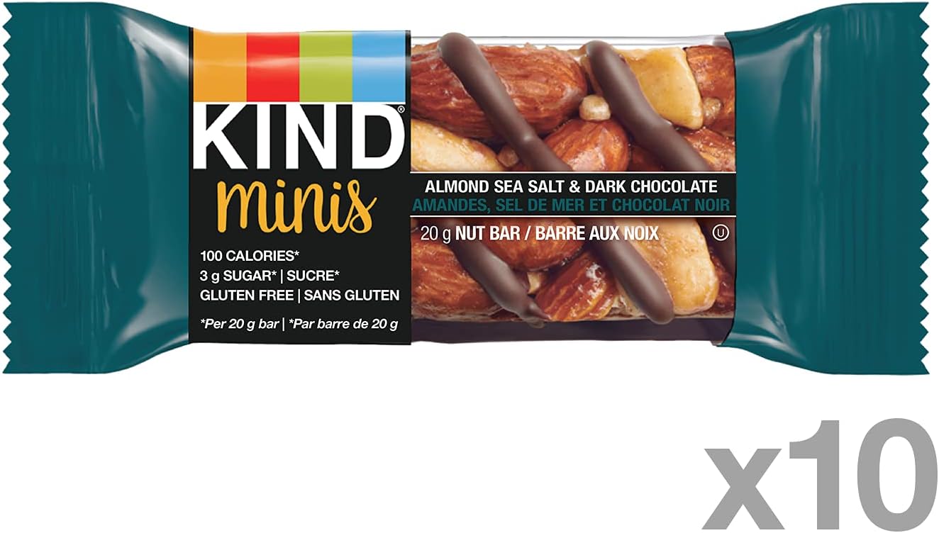 KIND 巧克力棒,黑巧克力坚果和海盐味,无麸质,低糖,40 克,12 块;迷你装,杏仁海盐和黑巧克力,无麸质,100 卡路里,低糖,20 克,10 块