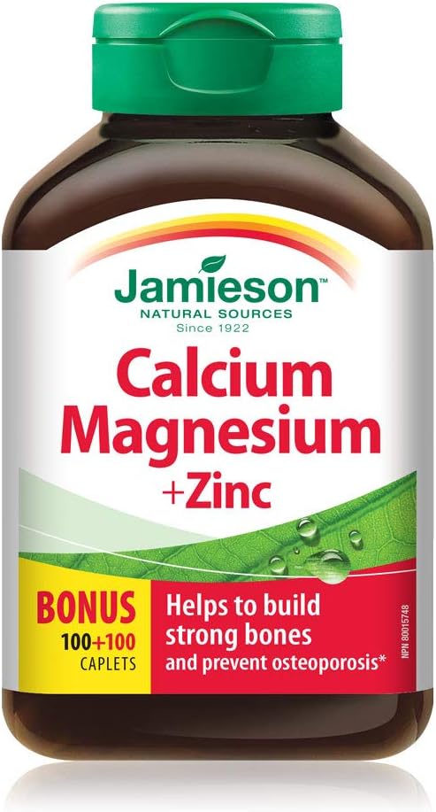 Jamieson 鈣鎂鋅複合片,吸收率高,支持骨骼健康、免疫健康和肌肉功能,有助於預防骨質疏鬆和骨質流失。易於吞嚥,素食,非基因改造,無麩質,200 粒膠囊,配方…