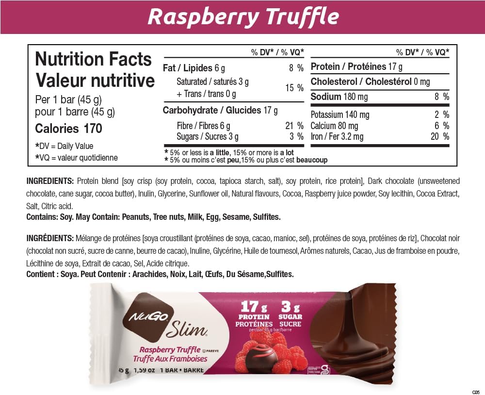 NuGo Slim 黑巧克力覆盆子松露,17 克蛋白质,2 克糖,7 克纤维,低净碳水化合物,适合生酮饮食,无麸质,12 块