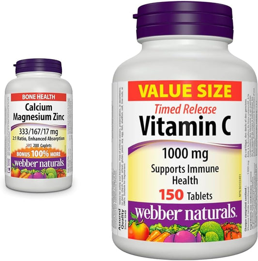 Webber Naturals 鈣鎂鋅複合片,200 粒膠囊,促進吸收,維生素 C 定時釋放 1000 毫克,150 片,有益於骨骼、牙齒、免疫和抗氧化健康