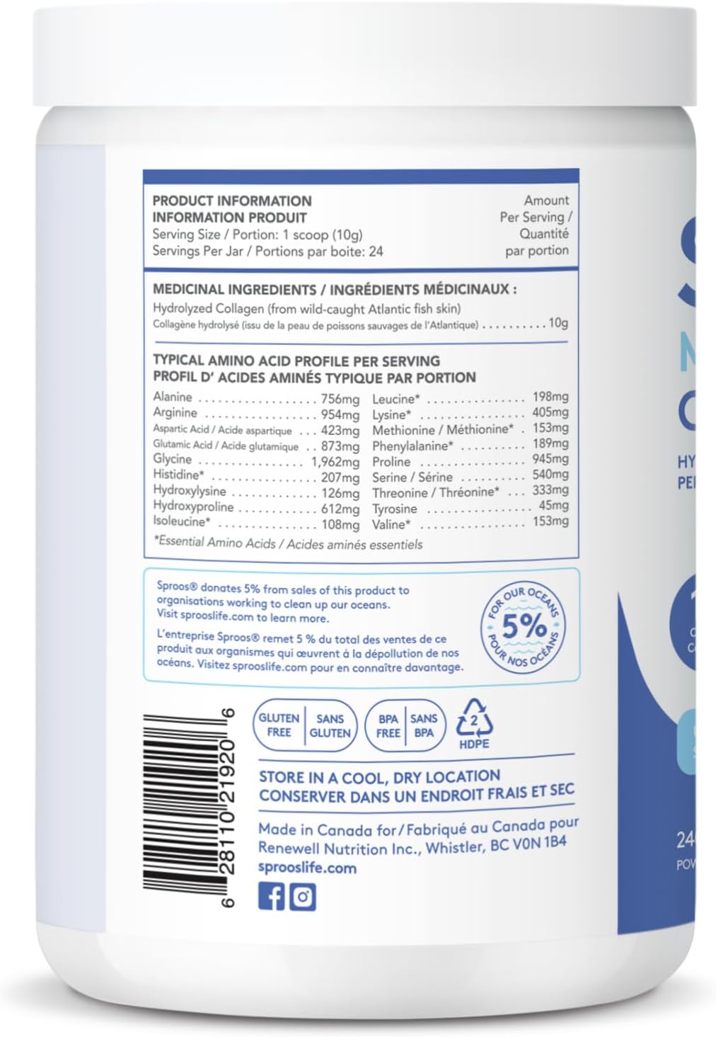 Sproos Premium Marine Collagen Peptide Powder | Wild-Caught, Non-GMO and Gluten-Free | Unflavoured and Odourless, Tub, 240g