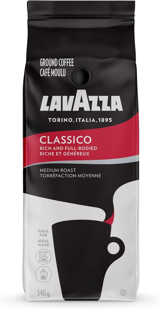 Lavazza Classico 研磨咖啡混合物,中度烘焙,340 克/袋 - 浓郁风味,带有干果香味