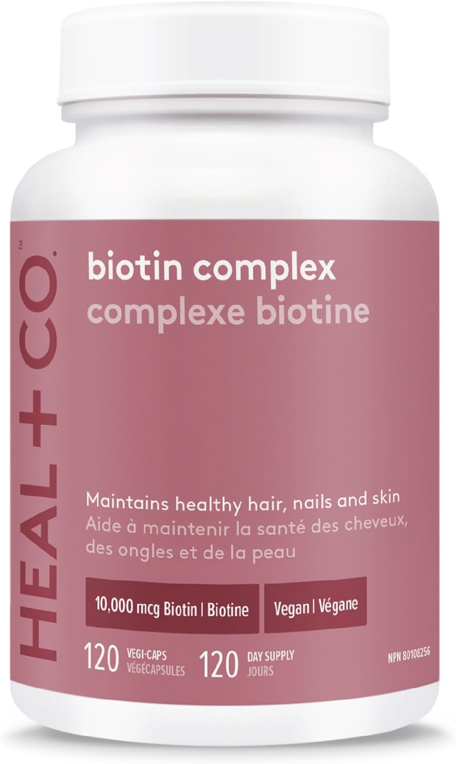 HEAL + CO. 生物素复合物 | 生物素、钙、硅、镁、维生素 D2 | 10,000 微克生物素补充剂 | 支持皮肤、头发和指甲健康 | 120 粒胶囊