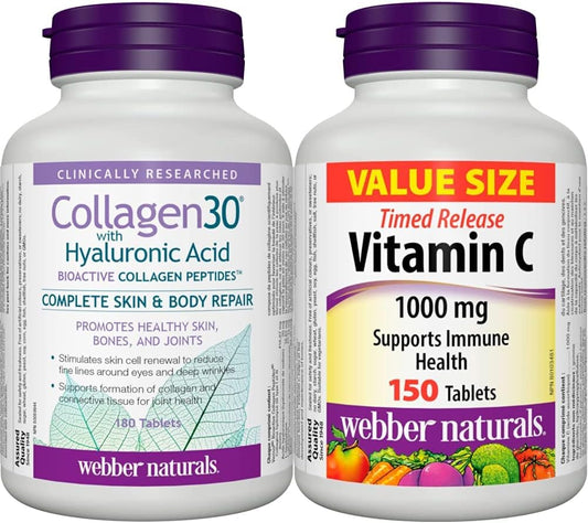 Webber Naturals 膠原蛋白 30,含透明質酸和維生素 C,緩釋 1,000 毫克,150 片,有益於骨骼、牙齒、免疫和抗氧化健康,素食