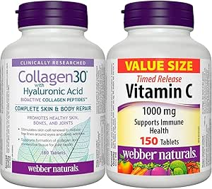 Webber Naturals Collagen30 with Hyaluronic Acid & Vitamin C Timed Release 1,000 mg, 150 Tablets, For Bones, Teeth, Immune and Antioxidant Health, Vegetarian