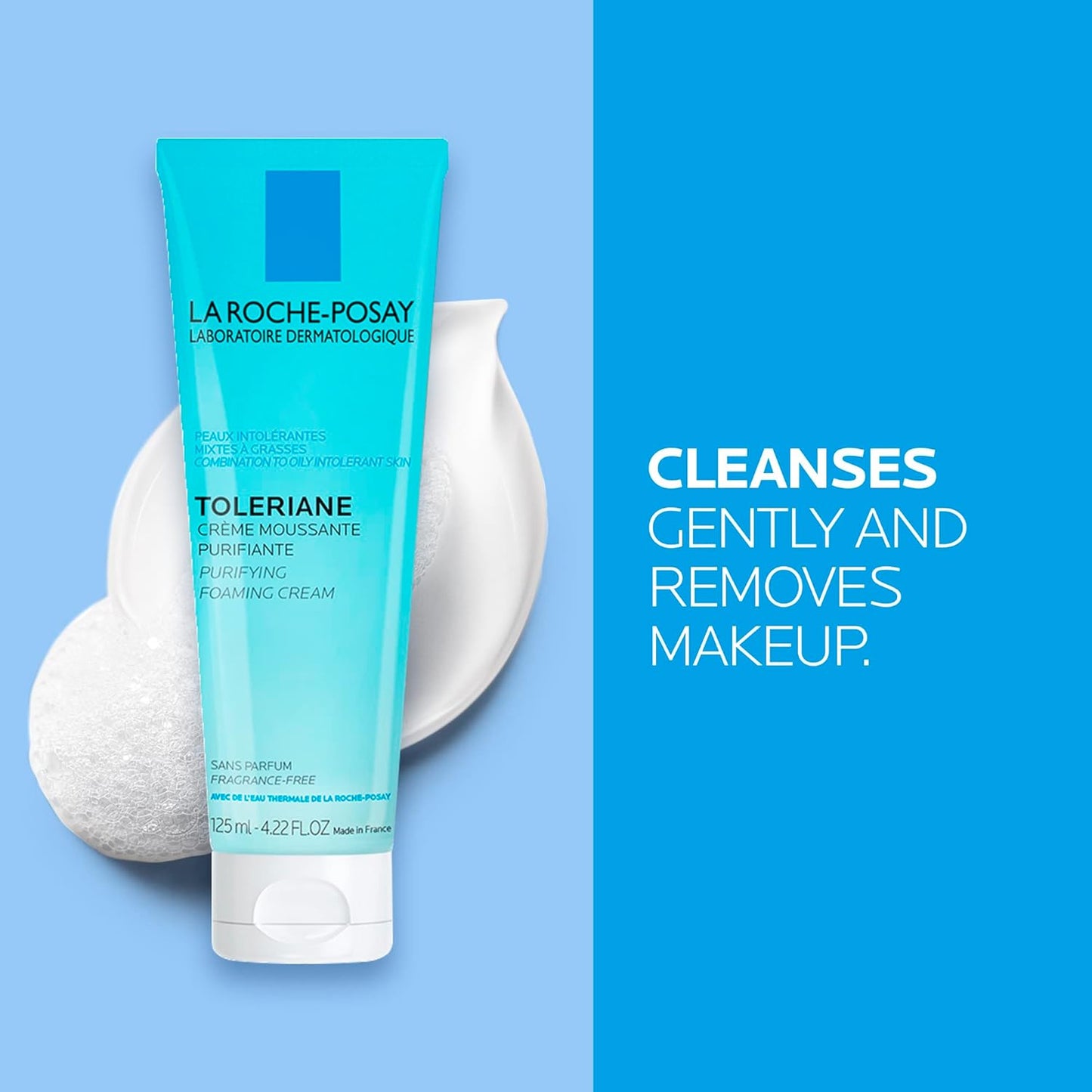 La Roche-Posay Face Cleanser, Toleriane Purifying Foaming Cream for Sensitive Skin with Glycerin, Cleanser and Makeup Remover, Fragrance Free, Preservative Free, Soap Free, Dermatologist Recommended Brand, 125 ML