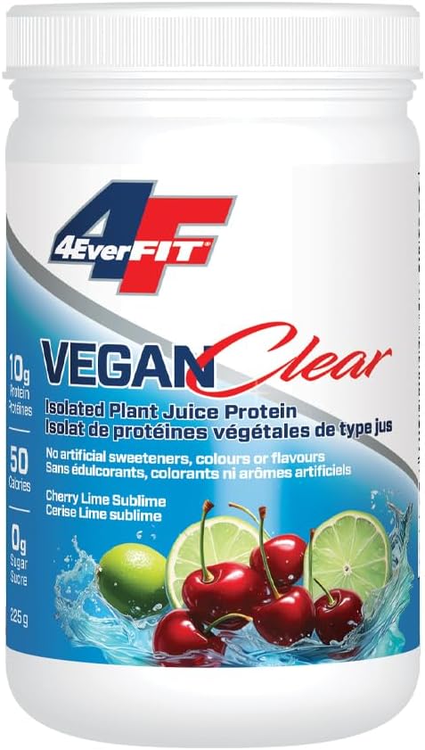 4EverFit 纯素清澈蛋白质,低卡路里,无糖,植物基,无麸质,无白垩质,无砂砾,清澈淡果汁,樱桃青柠醇香,15 份,225 克