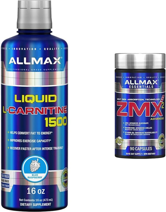 ALLMAX Nutrition - 左旋肉鹼液體 + 維生素 B5 - 藍莓口味 - 473 毫升 & ZMX2,90 粒裝