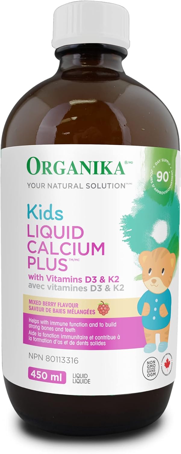 Organika Kids 液體鈣加強型 - 含維生素 D3 和 K2 - 促進骨骼和牙齒健康發育 - 混合漿果口味 - 450 毫升
