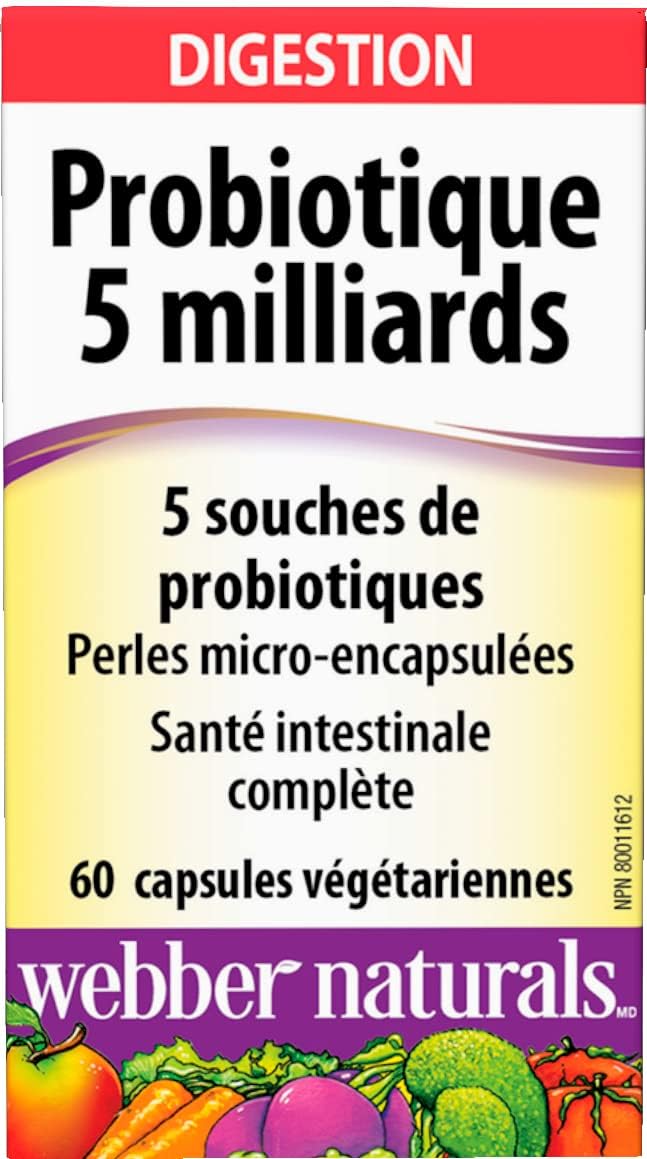 Webber Naturals Probiotic 5 Billion Active Cells, 5 Probiotic Strains, 60 Capsules, For Digestive Health, Vegetarian
