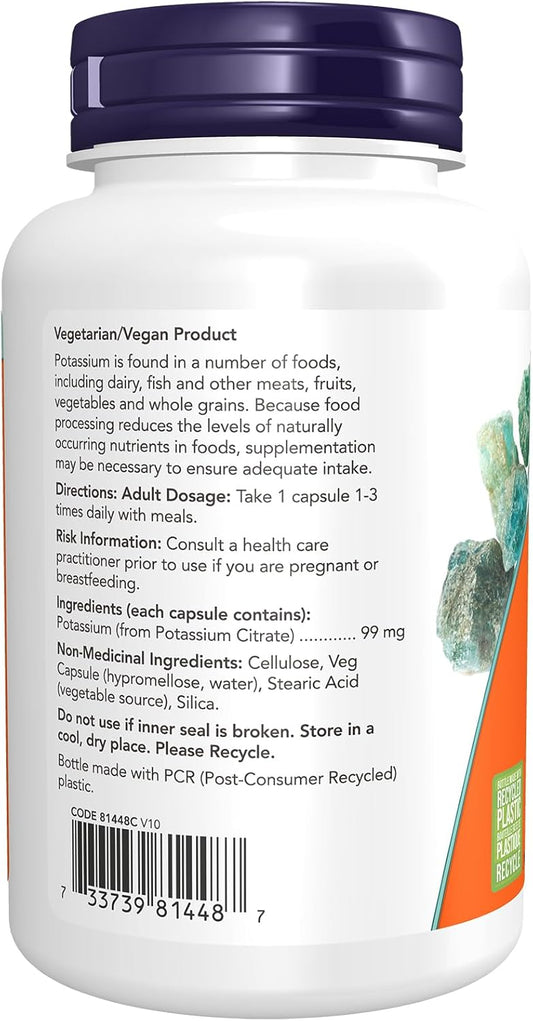 NOW Supplements, Potassium Citrate 99 mg, Supports Electrolyte Balance and Normal pH, Essential Mineral, 180 Veg Capsules