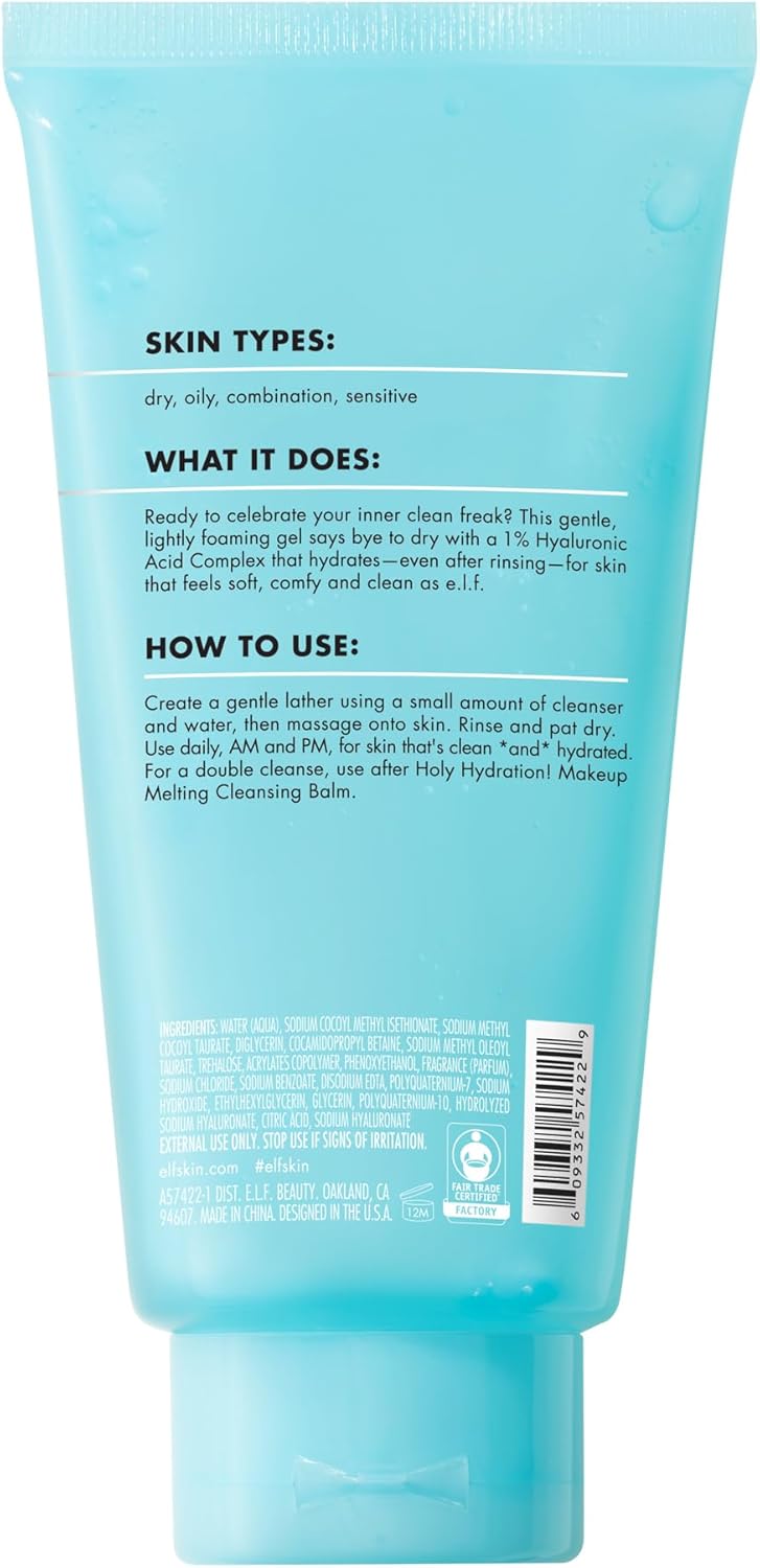 e.l.f. SKIN Holy Hydration! Clean Freak Daily Cleanser, Gentle Hydrating Gel Face Cleanser, Made With Hyaluronic Acid, Vegan & Cruelty-Free, 5.5 fl oz