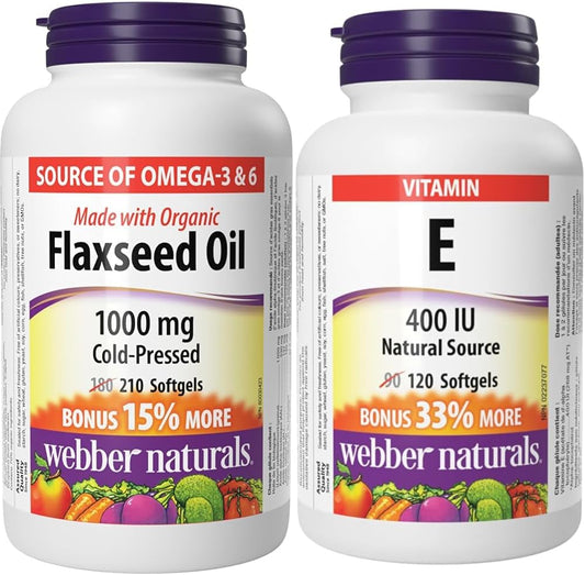 Webber Naturals 亞麻仁油 1000 毫克,210 粒軟膠囊,植物來源 Omega-3,有益於心臟、大腦和心血管健康;維生素 E 400 IU,120 粒軟膠囊,天然維生素 E 來源,具有抗氧化作用