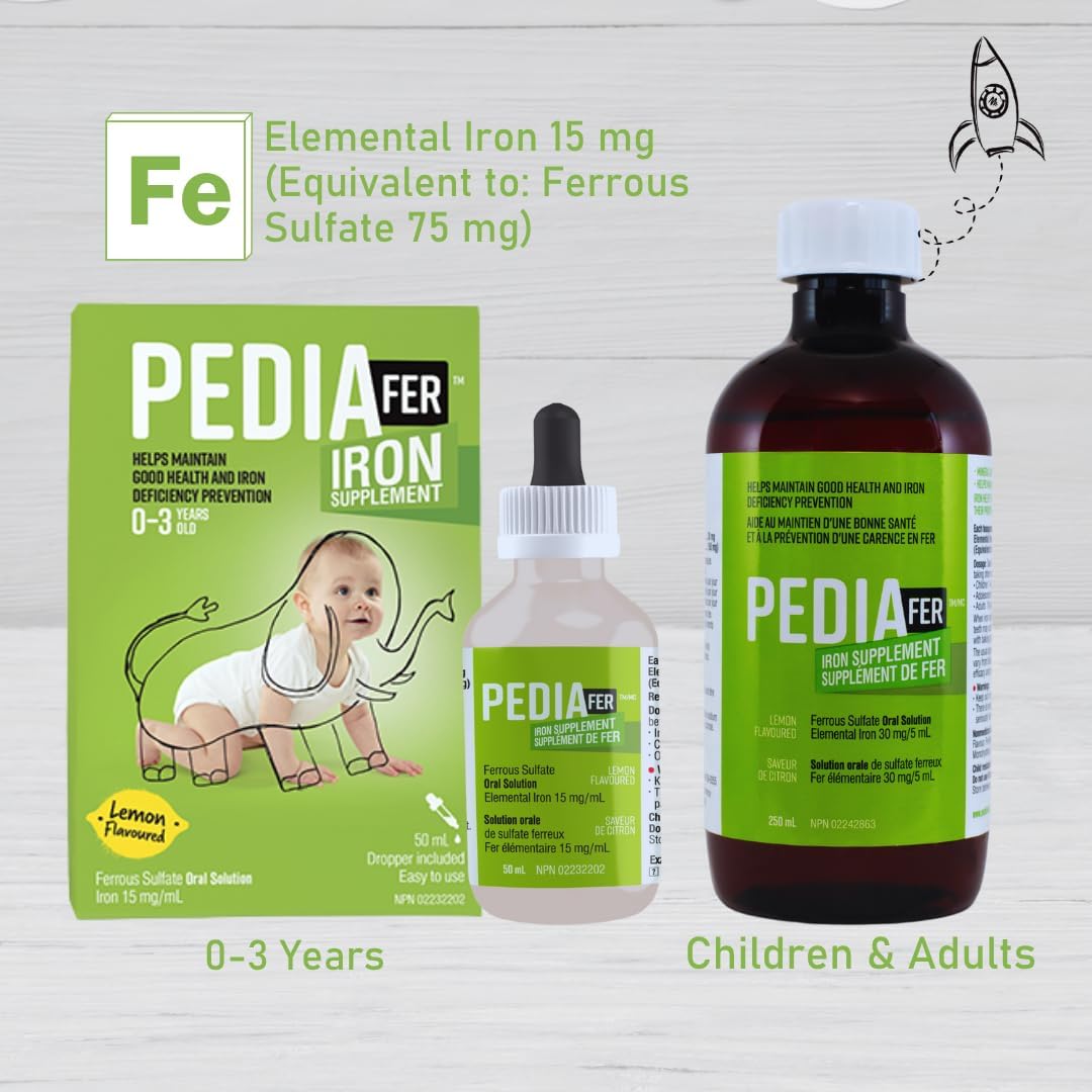 PediaFer™ 液態鐵補充劑,30 毫克/5 毫升 | 硫酸亞鐵口服液,檸檬味 | 適合所有年齡層(嬰兒、兒童、青少年和成人)| 支持生長並預防缺鐵,250 毫升。