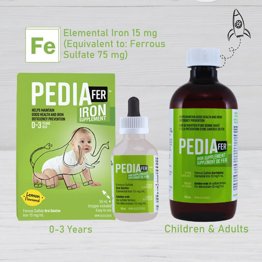 PediaFer™ 液態鐵補充劑,30 毫克/5 毫升 | 硫酸亞鐵口服液,檸檬味 | 適合所有年齡層(嬰兒、兒童、青少年和成人)| 支持生長並預防缺鐵,250 毫升。