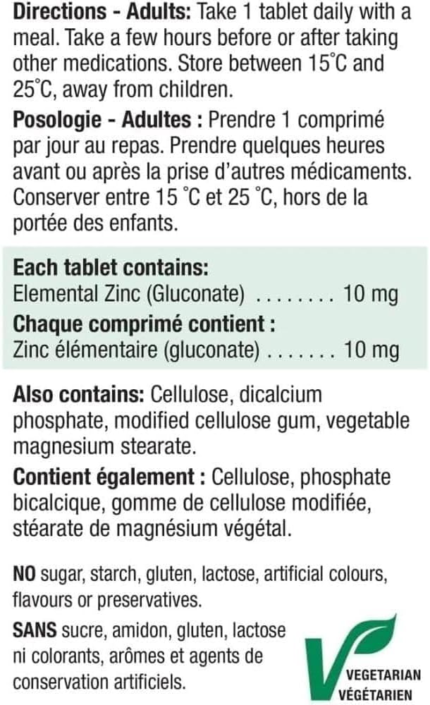Jamieson 鋅 10 毫克,支持免疫健康、組織形成和皮膚健康。素食、非基因改造、無麩質,100 片裝,加拿大製造