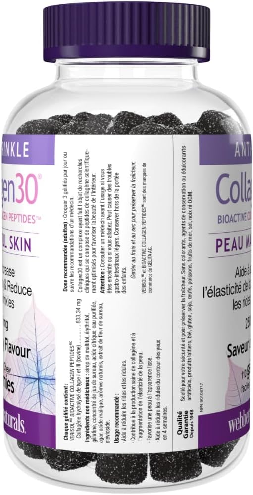 Webber Naturals Collagen30 抗皱软糖,每份含 2,500 毫克生物活性胶原蛋白肽,110 粒软糖,有助于减少深层皱纹、细纹并刺激皮肤细胞