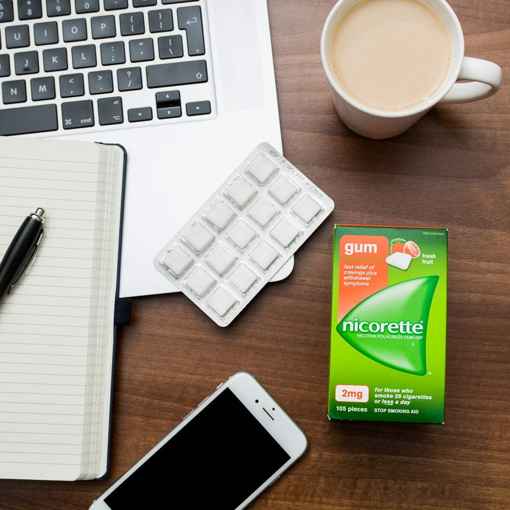 Nicorette 戒烟辅助剂,尼古丁口香糖戒烟辅助剂,新鲜水果味,4 毫克,210 片超值装和口香糖,新鲜水果味,4 毫克,105 片