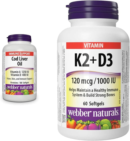 Webber Naturals 鱈魚肝油(含維生素 A 和 D3),180 粒軟膠囊,有助於視力、皮膚和免疫功能;維生素 K2(含 D3),60 粒軟膠囊,有助於支持骨骼、牙齒和免疫功能,不含麩質