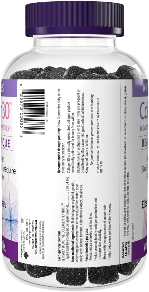 Webber Naturals Collagen30 抗皱软糖,每份含 2,500 毫克生物活性胶原蛋白肽,110 粒软糖,有助于减少深层皱纹、细纹并刺激皮肤细胞