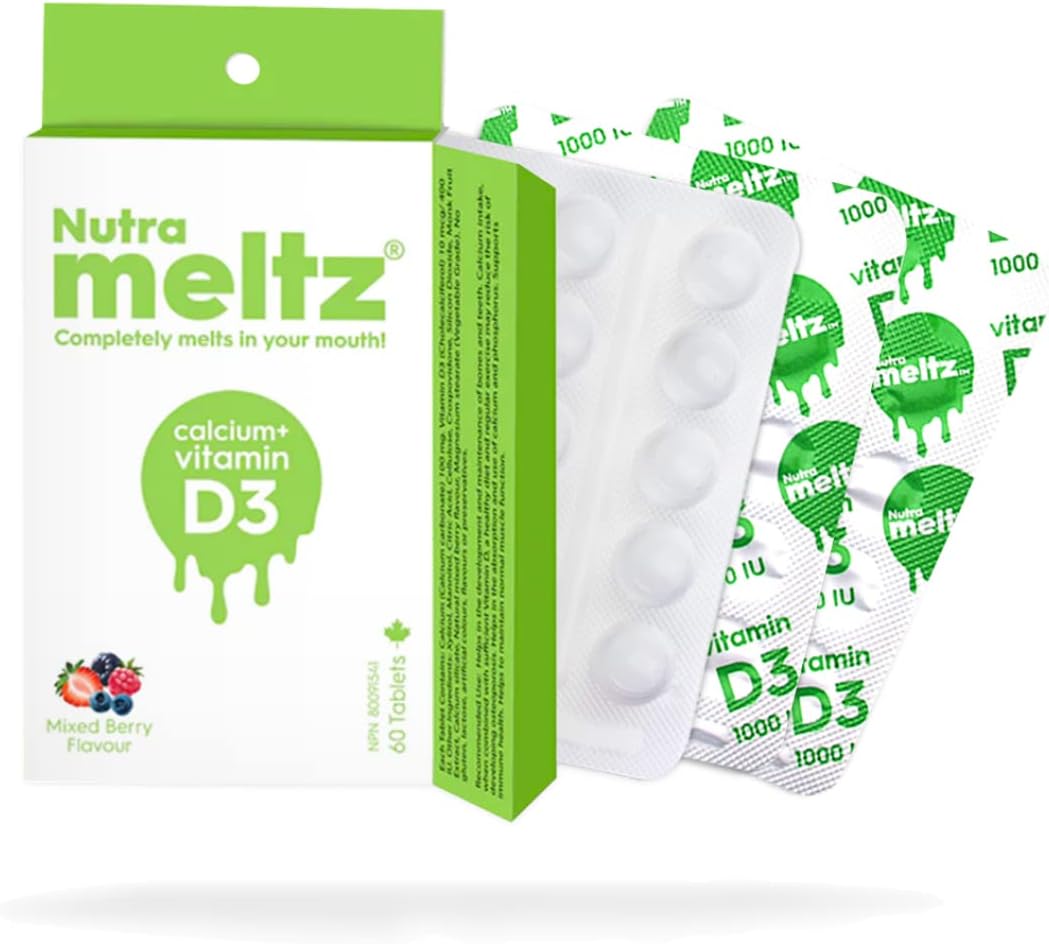 Nutrameltz 鈣 + 維生素 D3 – 促進肌肉功能、強化骨骼和牙齒、增強免疫力、預防鈣 d3 維生素缺乏症速溶片,混合漿果味(60 片)