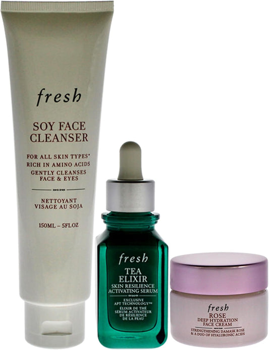Fresh Resilient Hidrated Skin Trio 5oz Soy Face Cleanser, 1oz Elixir Skin Resilience Activating Serum - Tea, 0.5oz Deep Hidration Face Cream - Rose Women 3 Pc