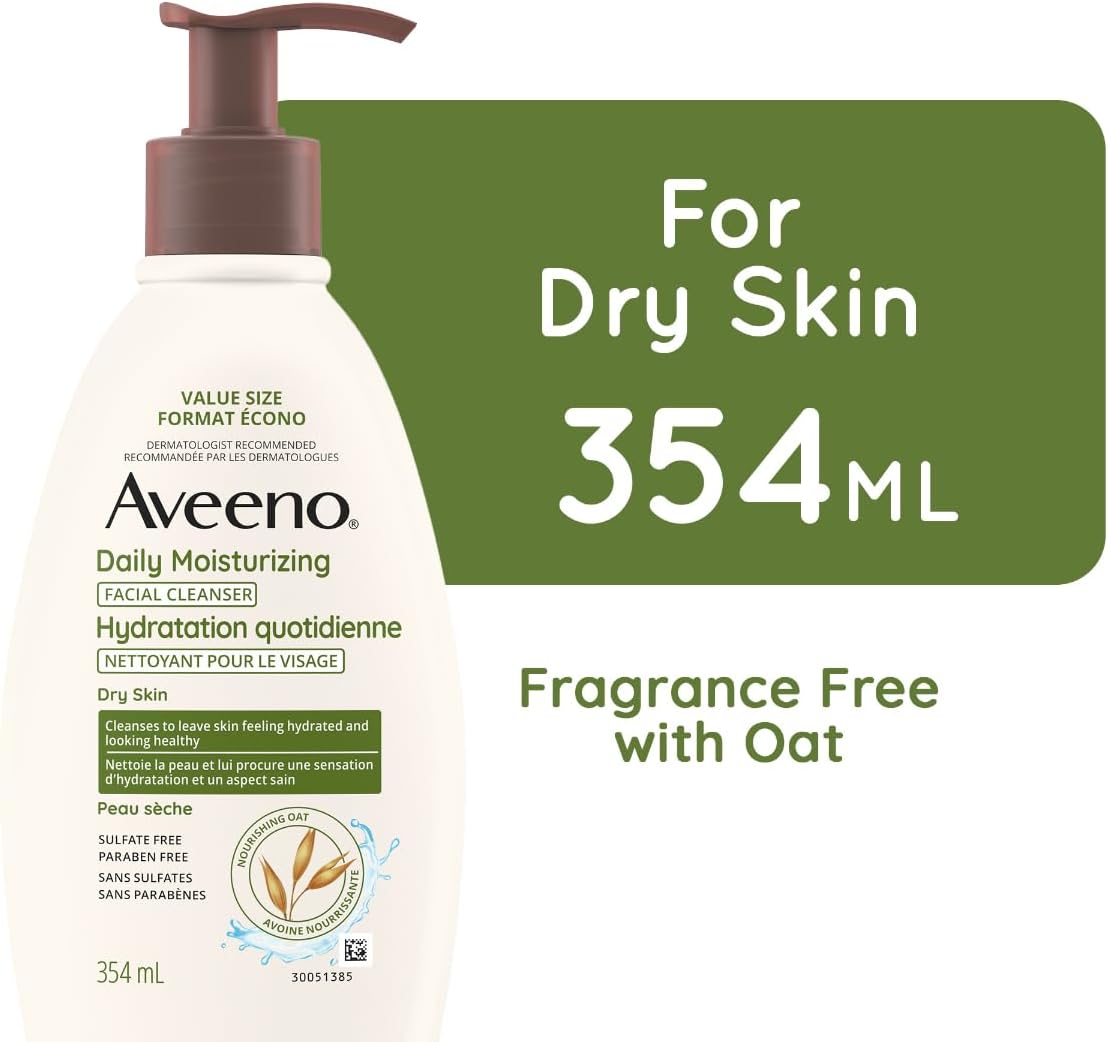 Aveeno Daily Moisturizing Face Wash, Facial Cleanser, Dry Skin, Non-GMO Oat, Daily Wash, Paraben Free, Fragrance Free, 354-mL