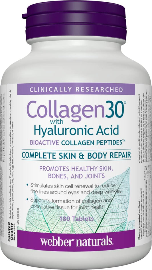 Webber Naturals 膠原蛋白 30,含透明質酸和維生素 C,緩釋 1,000 毫克,150 片,有益於骨骼、牙齒、免疫和抗氧化健康,素食