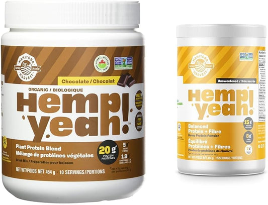 Manitoba Harvest Hemp Yeah! Org 蛋白质混合物 - 巧克力 454 克 & Hemp Yeah 均衡蛋白质 + 纤维粉,无糖,454 克,每份含 15 克蛋白质、8 克纤维和 2 克 Omega 3&6