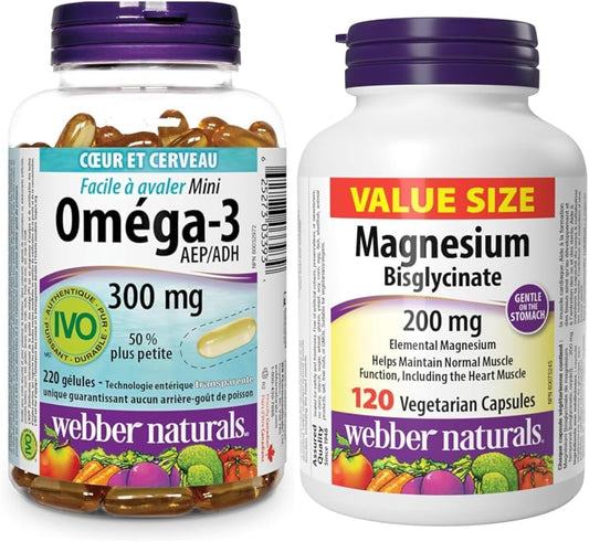 Webber Naturals Omega-3 300 毫克迷你裝,220 粒透明腸溶無魚腥味迷你軟膠囊和雙甘氨酸鎂 200 毫克,120 粒膠囊,支持骨骼和肌肉功能,純素