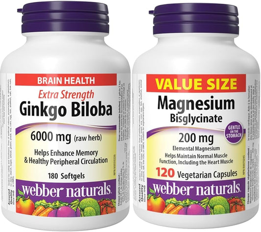 Webber Naturals Ginkgo Biloba 6000 mg, 180 Softgels, Helps Enhance Cognitive Function and Memory & Magnesium Bisglycinate 200 mg, 120 Capsules, Supports Bone and Muscle Functions, Vegan