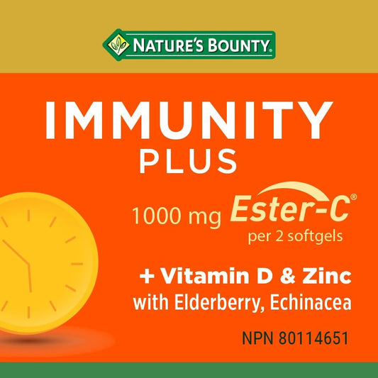 Nature's Bounty Immunity Plus, 1000 mg Ester-C, with Zinc, Elderberry and Echinacea, 50 Softgels, Helps to maintain the immune system