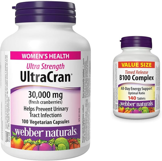 Webber Naturals UltraCran 超强蔓越莓 30,000 毫克和维生素 B100 复合物,定时释放,140 片,支持能量产生和代谢,纯素