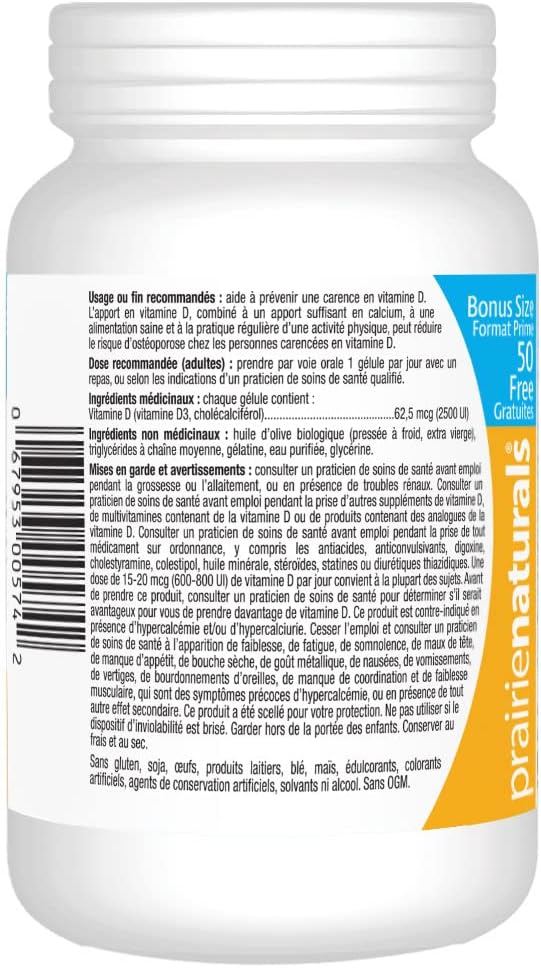 Prairie Naturals 维生素 D3 胆钙化醇 2,500iu 软胶囊,550 粒