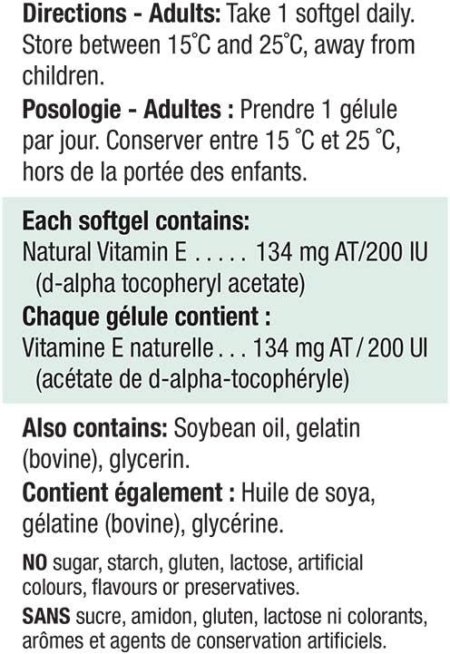 Jamieson 維生素 E 200 國際單位軟膠囊,天然抗氧化劑,有助於預防組織損傷和維生素 E 缺乏症。不含麩質,不含人工香料、色素或防腐劑,100 粒裝,加拿大製造