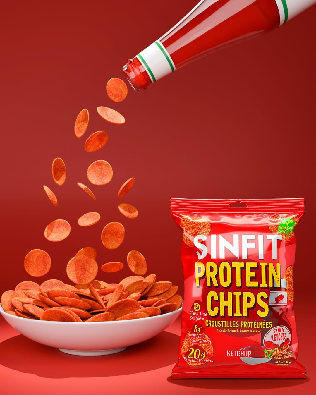 SinFit 蛋白薯片,20 克蛋白质/袋,50 克/袋,高纤维,低碳水化合物,无麸质,披萨味,7 片/盒(7 袋,番茄酱)