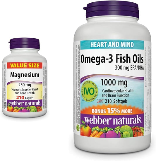 Webber Naturals 镁 250 毫克,210 粒胶囊,支持骨骼和肌肉功能;素食和 Omega-3 鱼油 1,000 毫克,210 粒软胶囊,支持心血管健康和大脑功能
