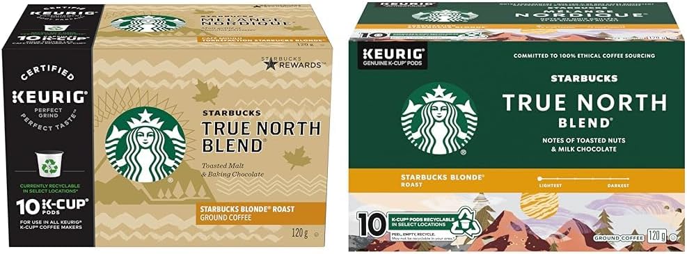 星巴克 True North 金色淺烘焙咖啡,單份 Keurig K-cup 膠囊,6 盒,60 粒膠囊和 TRUE NORTH BLEND 金色烘焙研磨咖啡 K-CUP 膠囊,10 支裝