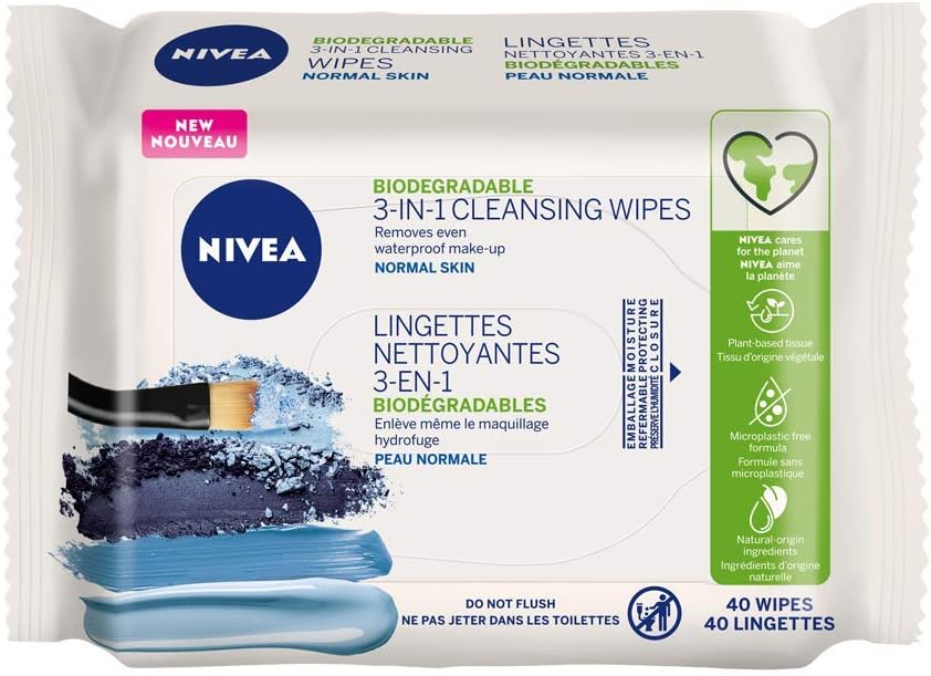 妮维雅纯天然洁面湿巾(适合中性皮肤,4 x 40 片),防水卸妆湿巾,洁面乳可生物降解湿巾,4 片装